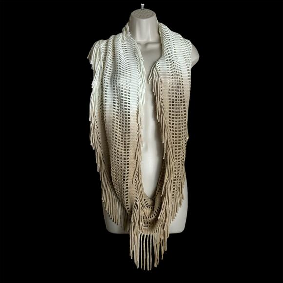 Beige and White Infinity Scarf Fringe Womens Ombre NWOT - Picture 1 of 6